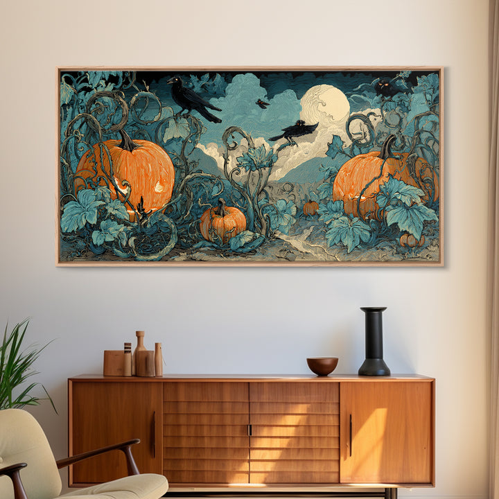 The Alien Pumpkin Patch, Macabre Folk Print Art, Wide Panoramic Art, Macabre Wall Art, Canvas Print, Halloween Wall Art
