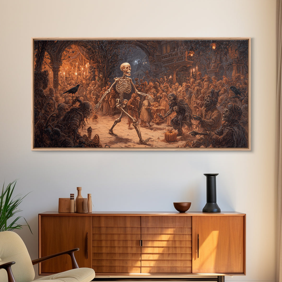 The Biomechanical Skeleton, Northern Renaissance Horror, Wide Panoramic Art, Macabre Wall Art, Canvas Print, Halloween Wall Art