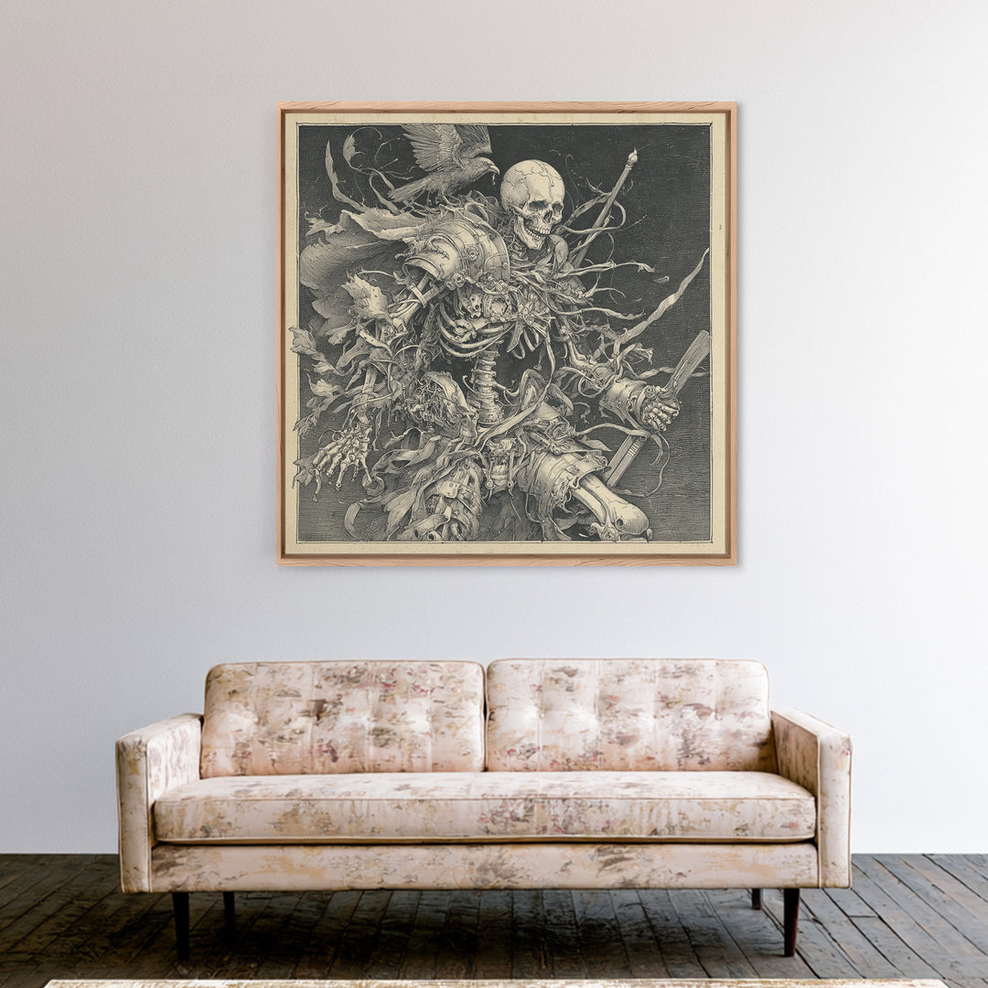 The Biomechanical Skeleton, Renaissance Engraving Art, Square Wall Art, Dark Fantasy Wall Art, Framed Canvas Print, Halloween Wall Art