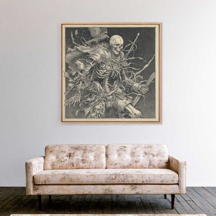 The Biomechanical Skeleton, Renaissance Engraving Art, Square Wall Art, Dark Fantasy Wall Art, Framed Canvas Print, Halloween Wall Art