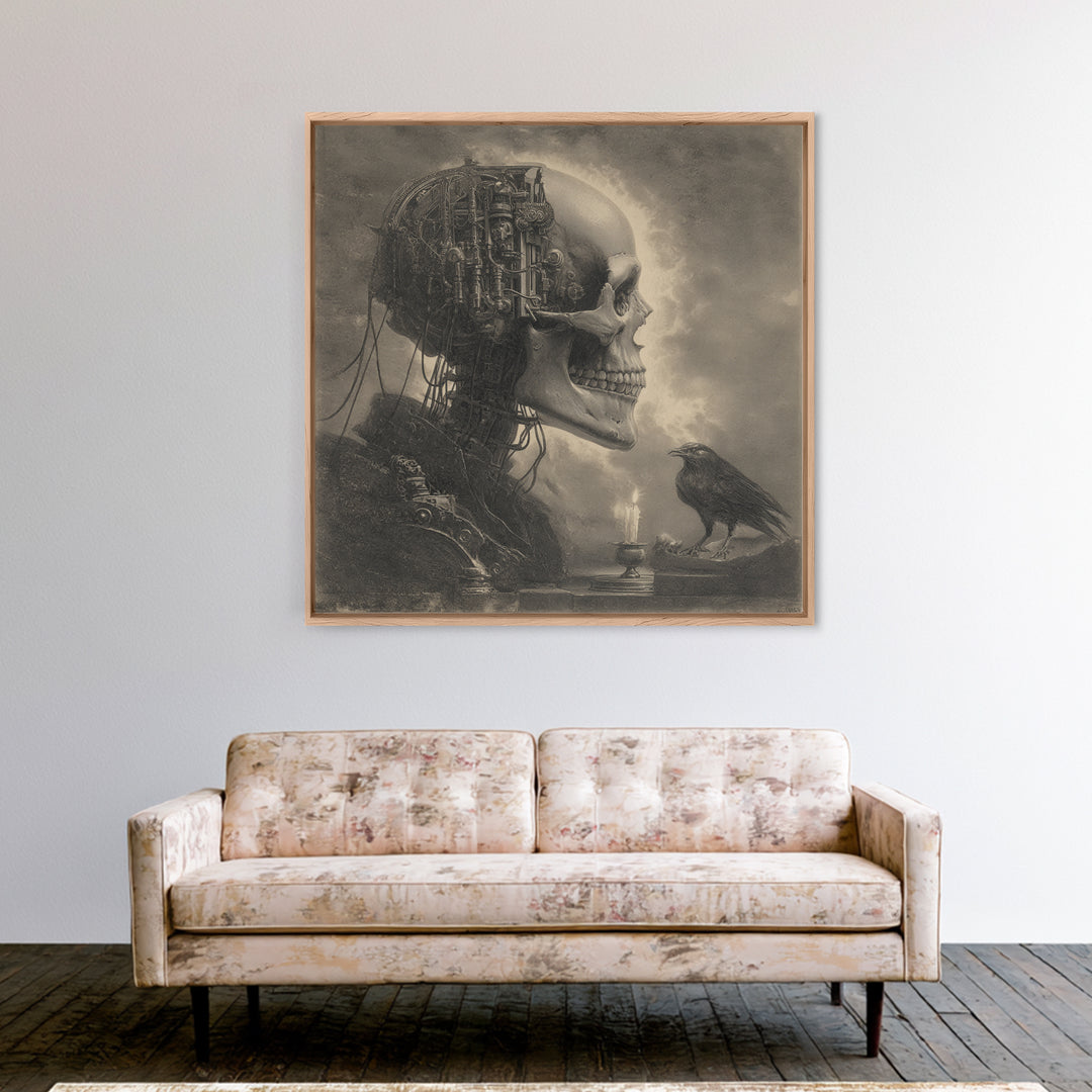 The Biomechanical Skeleton, Symbolist Etching Art, Square Wall Art, Dark Fantasy Wall Art, Canvas Print, Halloween Wall Art