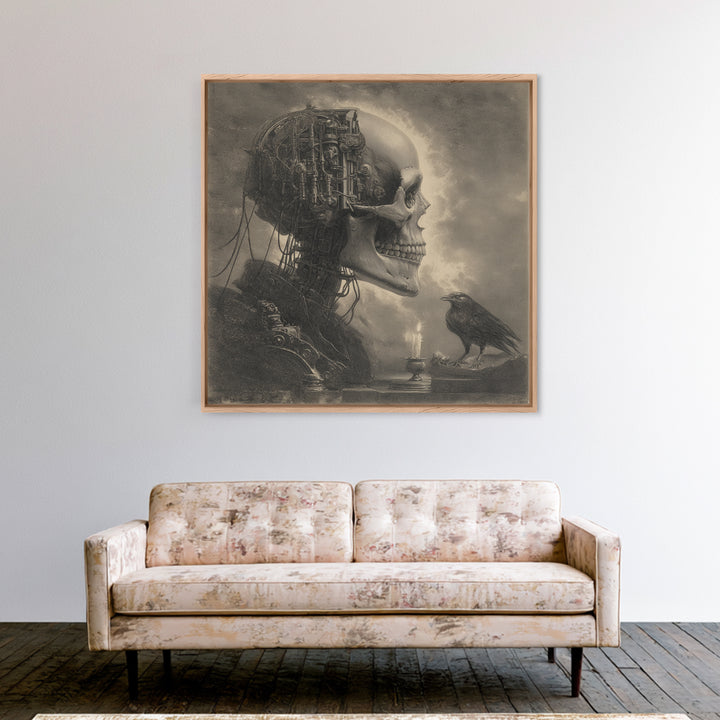 The Biomechanical Skeleton, Symbolist Etching Art, Square Wall Art, Dark Fantasy Wall Art, Canvas Print, Halloween Wall Art