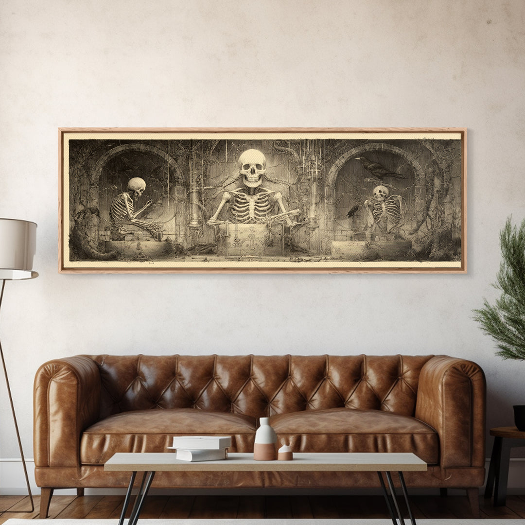 The Biomechanical Skeleton, Expressionist Nightmare Art, Extra Wide Wall Art, Dark Fantasy Wall Art, Framed Canvas Print, Halloween Wall Art