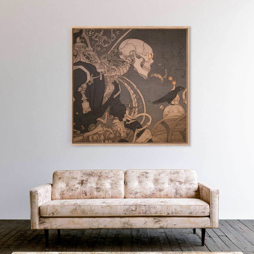 The Biomechanical Skeleton, Decadent Line Art, Square Wall Art, Gothic Horror Wall Art, Framed Canvas Print, Halloween Wall Art