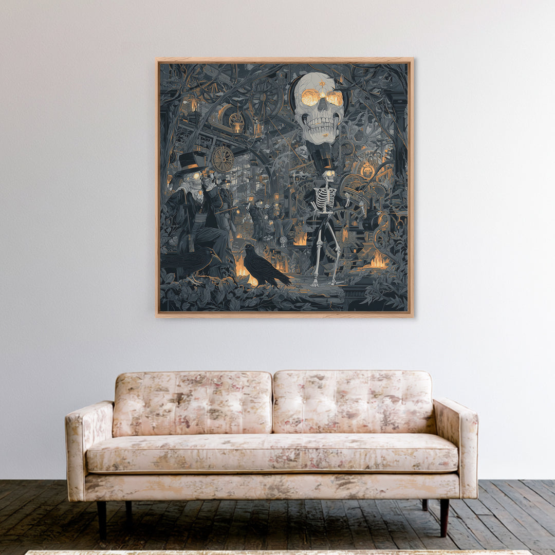 The Biomechanical Skeleton, Macabre Folk Print Art, Square Wall Art, Dark Fantasy Wall Art, Canvas Print, Halloween Wall Art