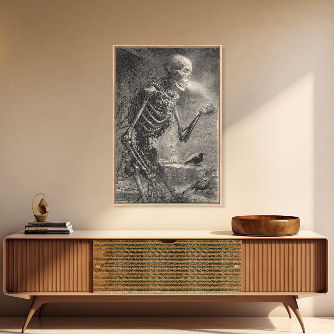 The Biomechanical Skeleton, Victorian Macabre Art, Vertical Wall Art, Dark Fantasy Wall Art, Framed Canvas Print, Halloween Wall Art
