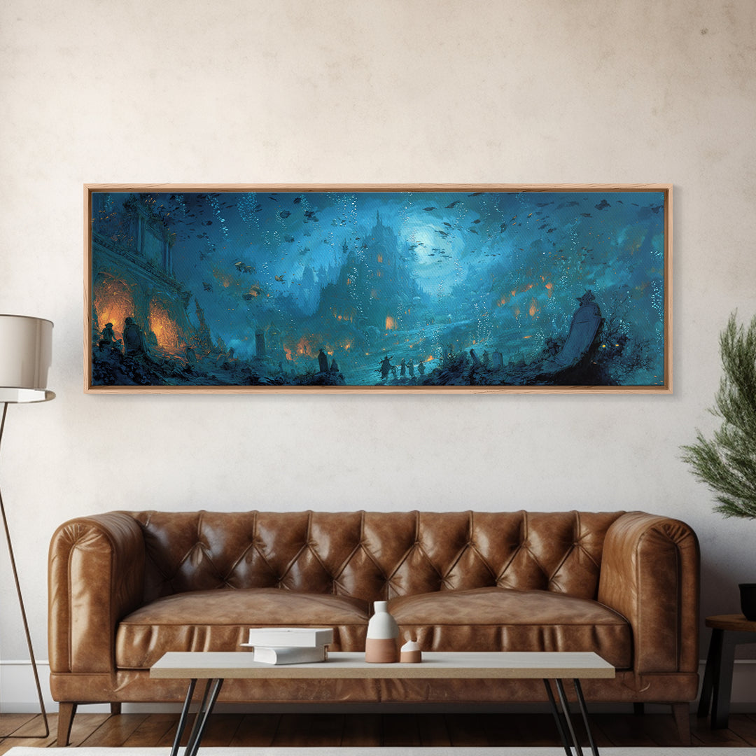The Underwater Graveyard, Apocalyptic Romantic Art, Extra Wide Wall Art, Dark Fantasy Wall Art, Framed Canvas Print, Halloween Wall Art