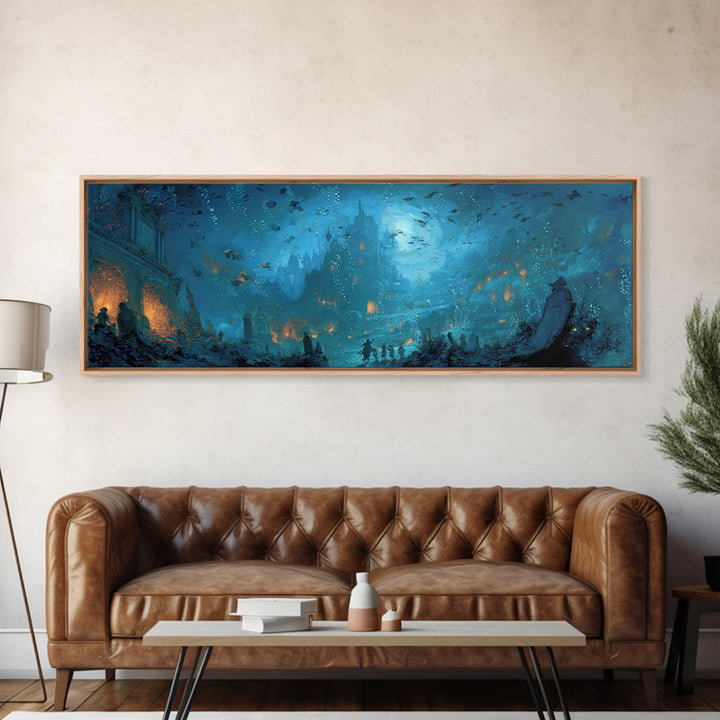 The Underwater Graveyard, Apocalyptic Romantic Art, Extra Wide Wall Art, Dark Fantasy Wall Art, Framed Canvas Print, Halloween Wall Art