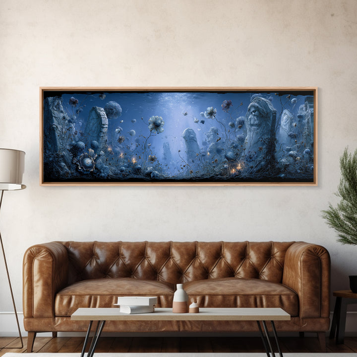 The Underwater Graveyard, Symbolist Dream Art, Extra Wide Wall Art, Dark Halloween Decor, Canvas Print, Halloween Wall Art