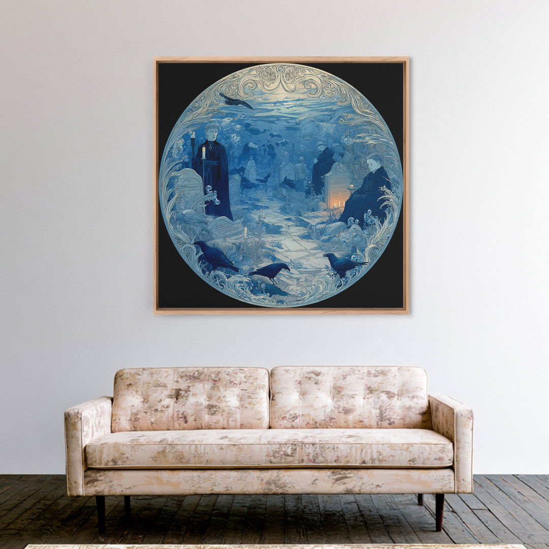The Underwater Graveyard, Symbolist Death Art, Square Wall Art, Dark Fantasy Wall Art, Framed Canvas Print, Halloween Wall Art