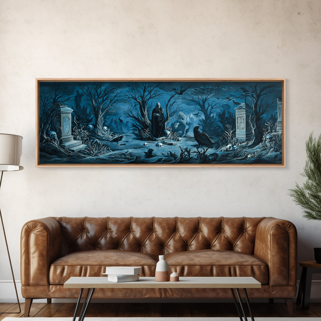 The Underwater Graveyard, Symbolist Etching Art, Extra Wide Wall Art, Macabre Wall Art, Canvas Print, Halloween Wall Art