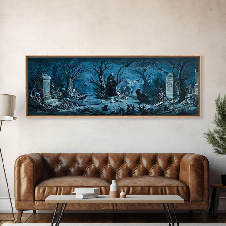 The Underwater Graveyard, Symbolist Etching Art, Extra Wide Wall Art, Macabre Wall Art, Canvas Print, Halloween Wall Art