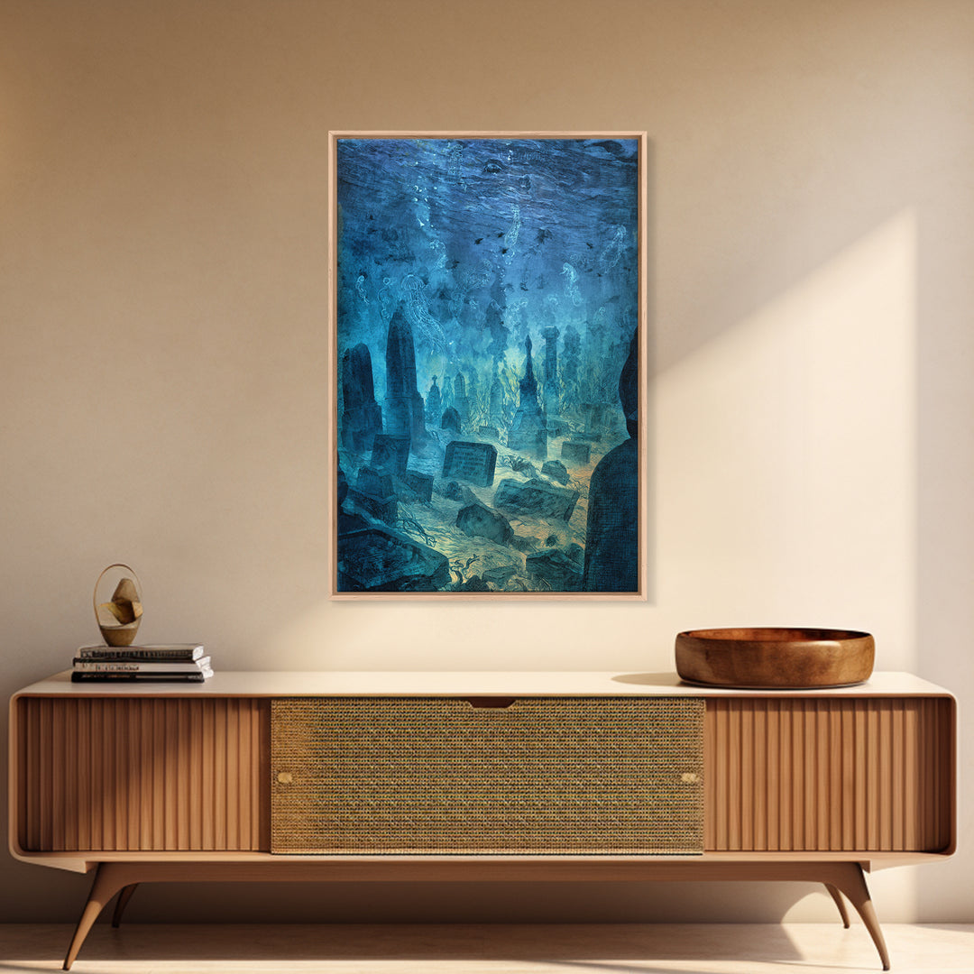 The Underwater Graveyard, Expressionist Gothic Art, Vertical Wall Art, Dark Fantasy Wall Art, Framed Canvas Print, Halloween Wall Art