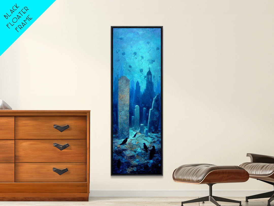The Underwater Graveyard, Surreal Apocalyptic Art, Tall Narrow Wall Art, Gothic Horror Wall Art, Framed Canvas Print