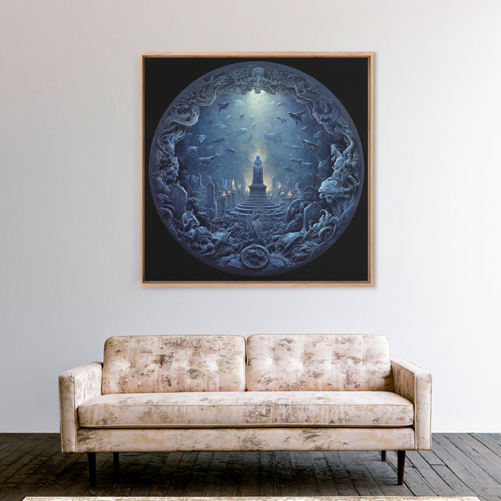 The Underwater Graveyard, Biomechanical Horror Art, Square Wall Art, Dark Fantasy Wall Art, Framed Canvas Print, Halloween Wall Art