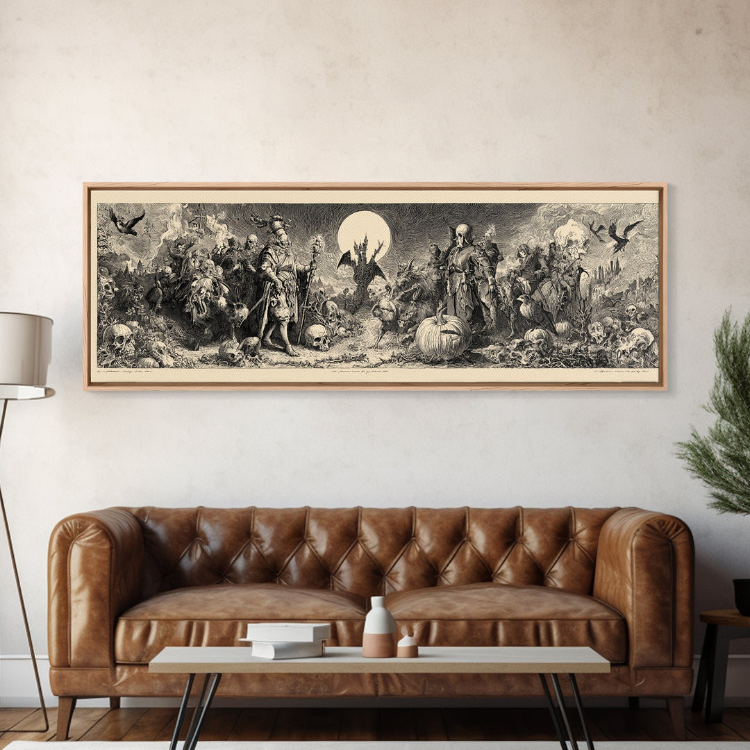 Desert Halloween, Renaissance Engraving Art, Extra Wide Wall Art, Macabre Wall Art, Framed Canvas Print, Halloween Wall Art