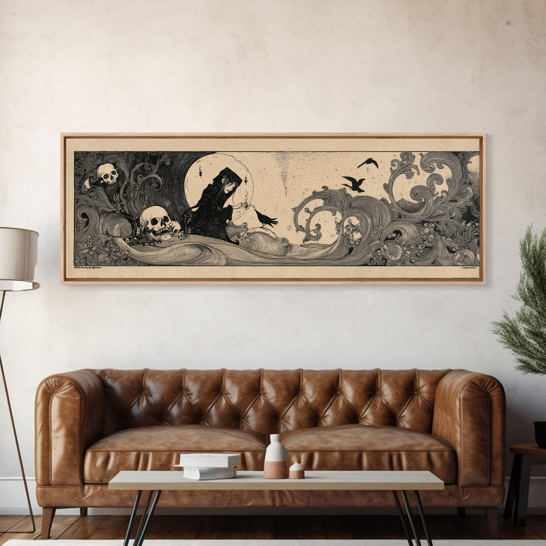 Desert Halloween, Decadent Line Art, Extra Wide Wall Art, Macabre Wall Art, Framed Canvas Print, Halloween Wall Art