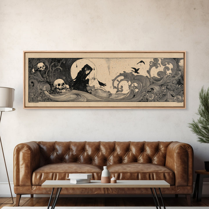 Desert Halloween, Decadent Line Art, Extra Wide Wall Art, Macabre Wall Art, Framed Canvas Print, Halloween Wall Art