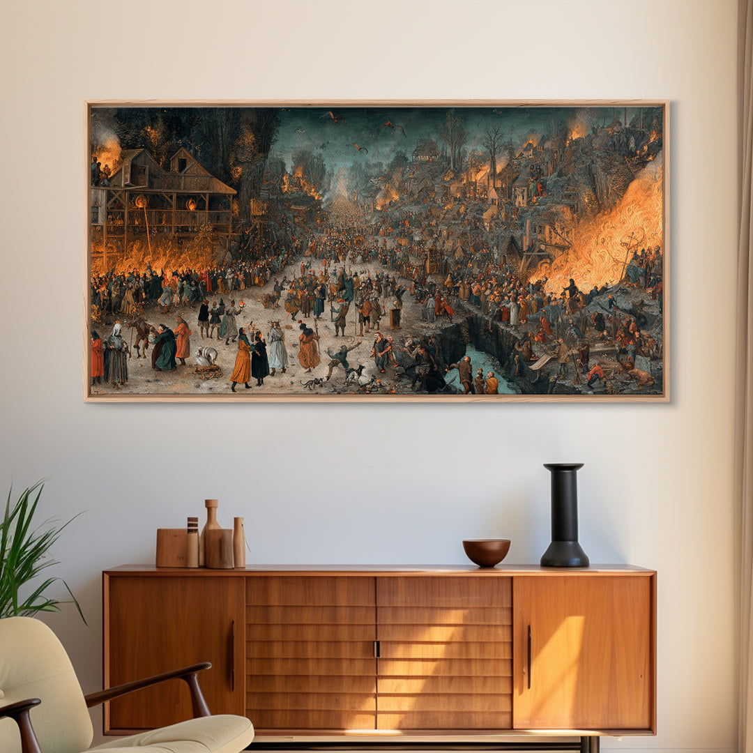 The Volcanic Demon Festival, Northern Renaissance Horror, Wide Panoramic Art, Gothic Horror Wall Art, Framed Canvas Print