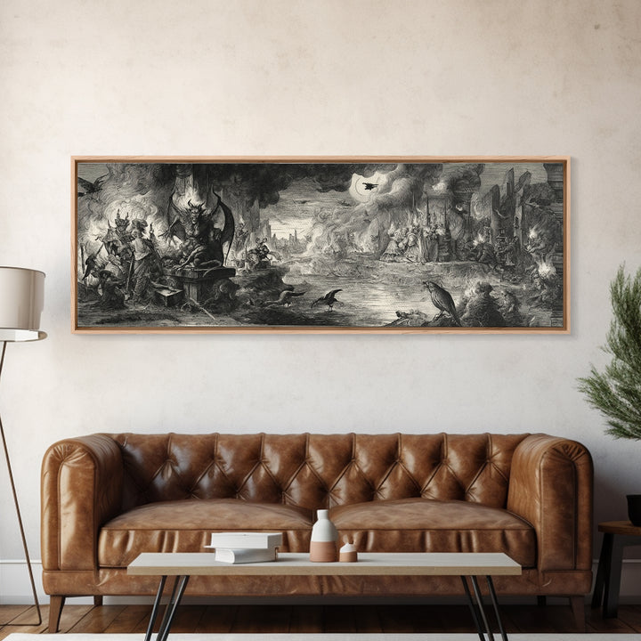 The Volcanic Demon Festival, Renaissance Engraving Art, Extra Wide Wall Art, Dark Halloween Decor, Canvas Print, Halloween Wall Art