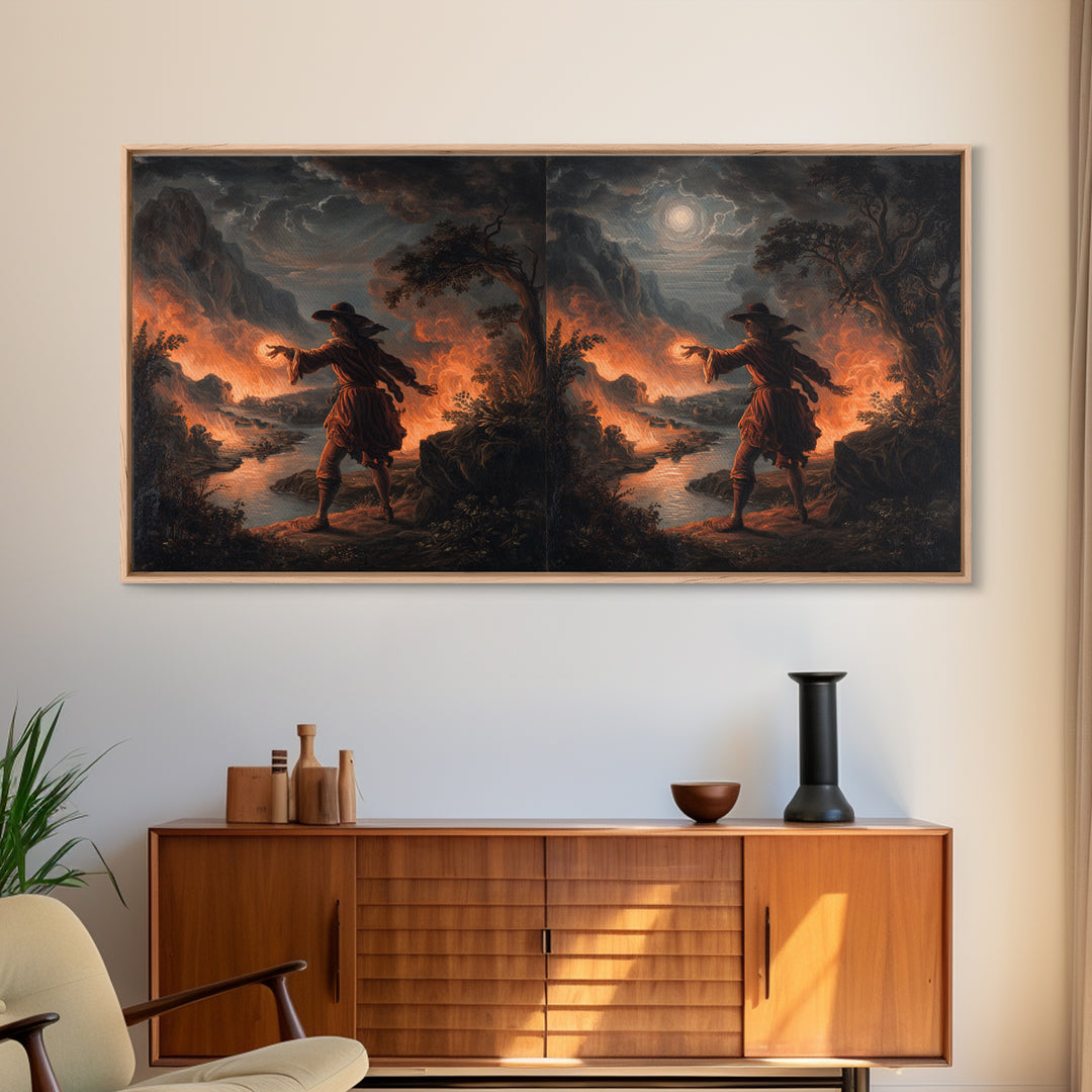 The Volcanic Demon Festival, Baroque Witchcraft Art, Wide Panoramic Art, Gothic Horror Wall Art, Framed Canvas Print, Halloween Wall Art