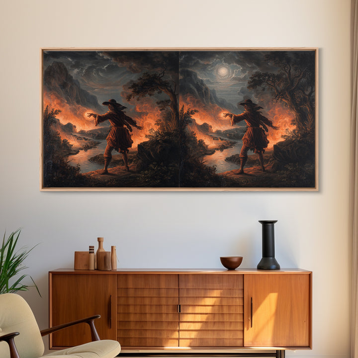The Volcanic Demon Festival, Baroque Witchcraft Art, Wide Panoramic Art, Gothic Horror Wall Art, Framed Canvas Print, Halloween Wall Art