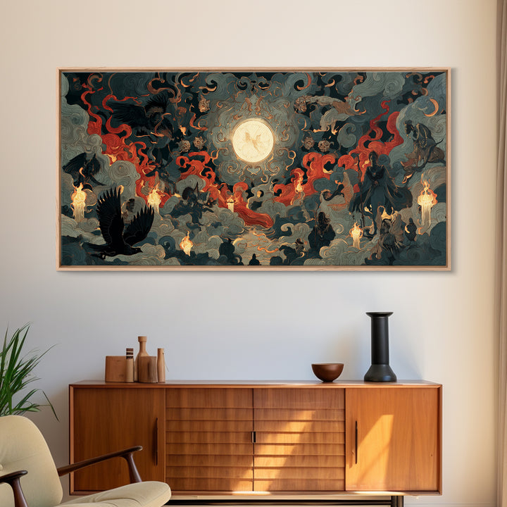 The Volcanic Demon Festival, Visionary Gothic Art, Wide Panoramic Art, Macabre Wall Art, Framed Canvas Print, Halloween Wall Art