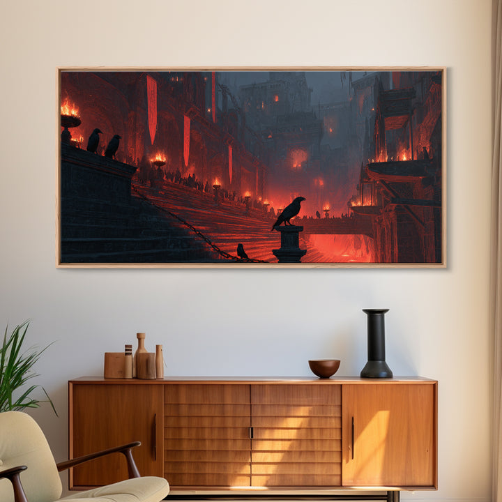 The Volcanic Demon Festival, Architectural Etching Art, Wide Panoramic Art, Gothic Horror Wall Art, Canvas Print