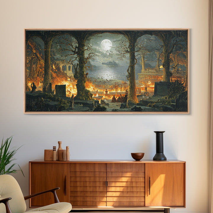 The Volcanic Demon Festival, Romantic Gothic Landscape, Wide Panoramic Art, Dark Halloween Decor, Canvas Print, Halloween Wall Art