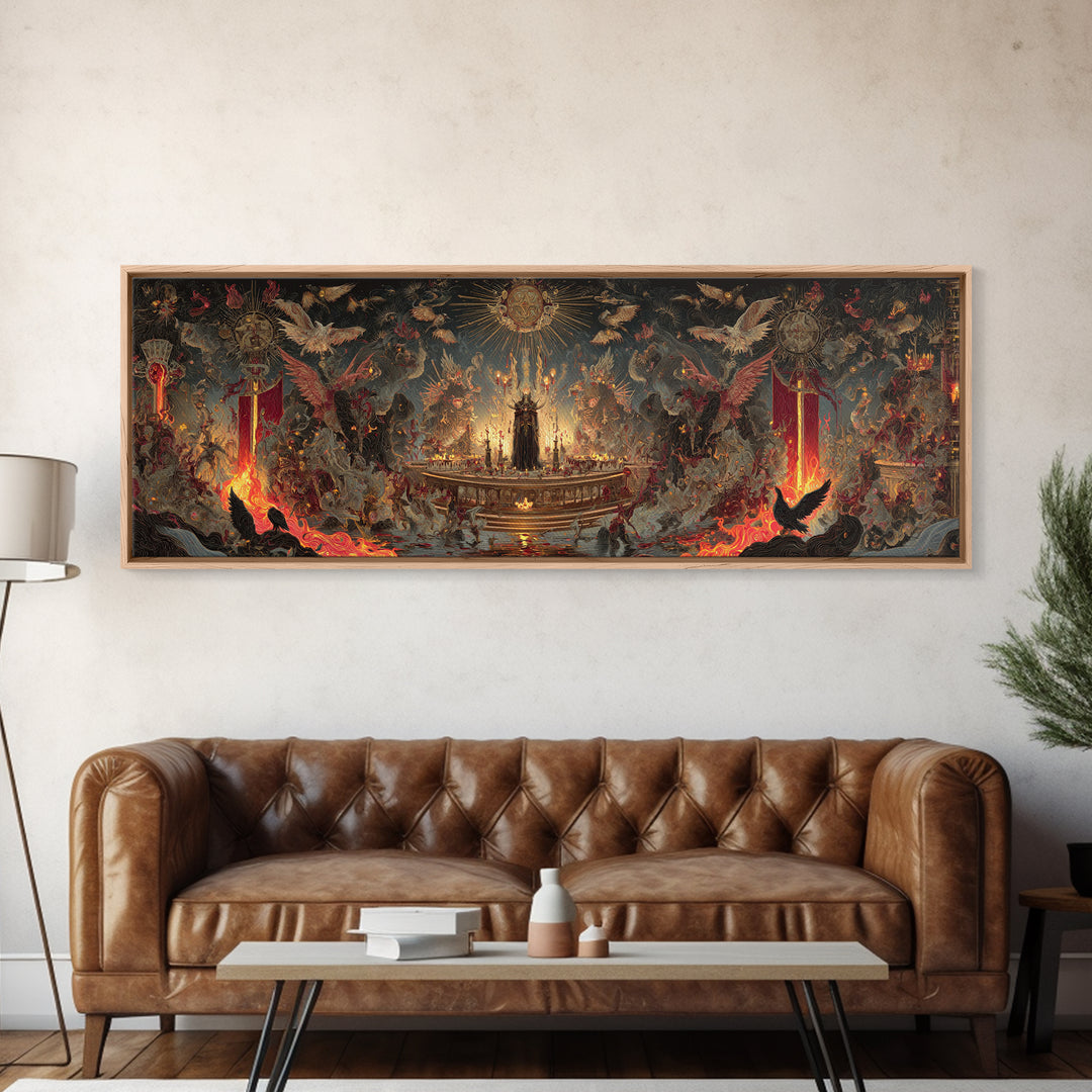 The Volcanic Demon Festival, Ornate Symbolist Art, Extra Wide Wall Art, Dark Halloween Decor, Canvas Print, Halloween Wall Art