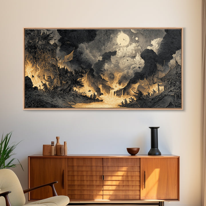 The Volcanic Demon Festival, Expressionist Nightmare Art, Wide Panoramic Art, Dark Halloween Decor, Canvas Print, Halloween Wall Art