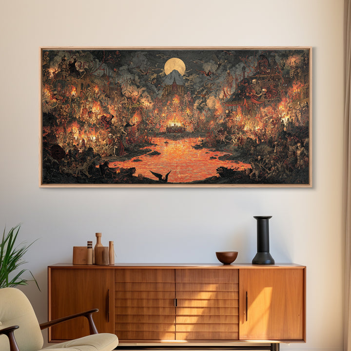 The Volcanic Demon Festival, Grotesque Carnival Art, Wide Panoramic Art, Dark Fantasy Wall Art, Framed Canvas Print, Halloween Wall Art