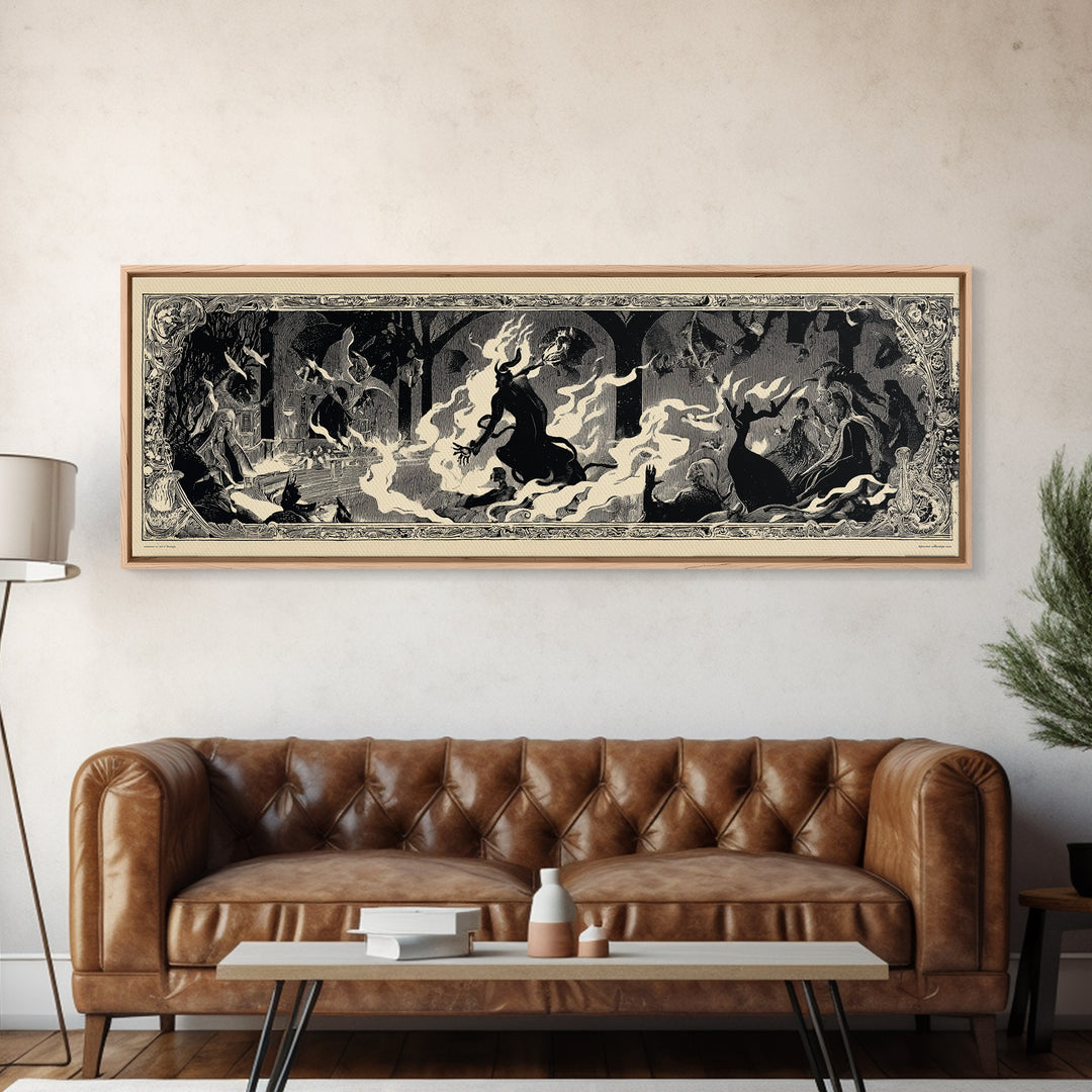 The Volcanic Demon Festival, Decadent Line Art, Extra Wide Wall Art, Dark Halloween Decor, Framed Canvas Print