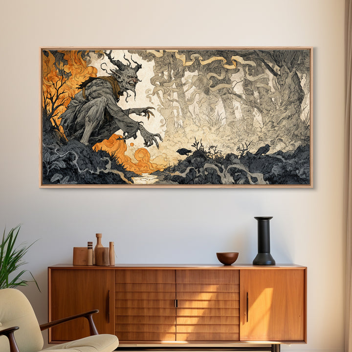 The Volcanic Demon Festival, Gothic Storybook Art, Wide Panoramic Art, Macabre Wall Art, Canvas Print, Halloween Wall Art