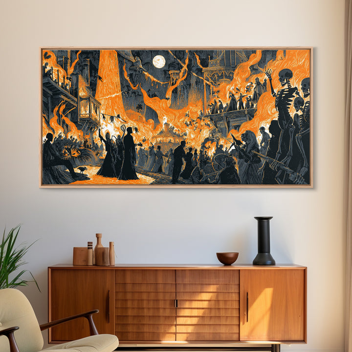 The Volcanic Demon Festival, Macabre Folk Print Art, Wide Panoramic Art, Dark Fantasy Wall Art, Framed Canvas Print