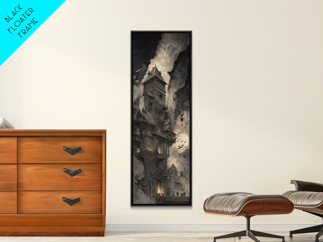 The Clockwork Haunted House, Gothic Engraving Art, Tall Narrow Wall Art, Dark Fantasy Wall Art, Canvas Print, Halloween Wall Art