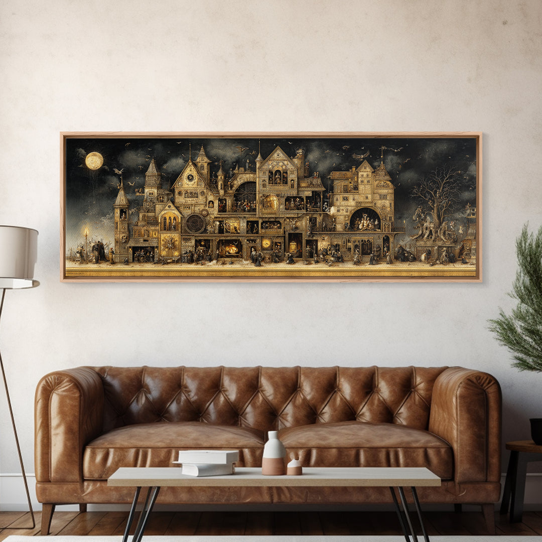 The Clockwork Haunted House, Medieval Grotesque Art, Extra Wide Wall Art, Gothic Horror Wall Art, Canvas Print, Halloween Wall Art