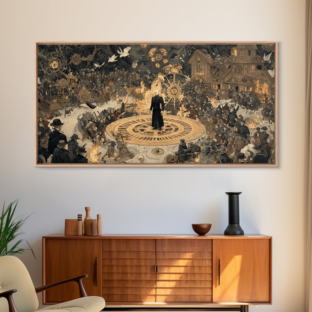 The Clockwork Haunted House, Northern Renaissance Horror, Wide Panoramic Art, Macabre Wall Art, Framed Canvas Print
