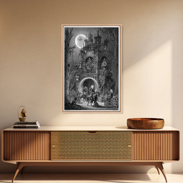 The Clockwork Haunted House, Renaissance Engraving Art, Vertical Wall Art, Macabre Wall Art, Framed Canvas Print, Halloween Wall Art