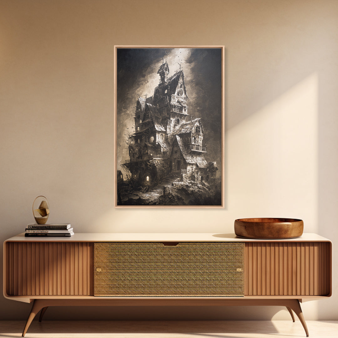 The Clockwork Haunted House, Dark Romantic Horror Art, Vertical Wall Art, Dark Fantasy Wall Art, Canvas Print, Halloween Wall Art