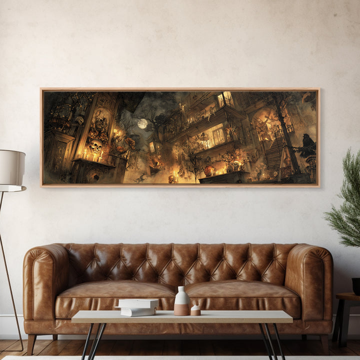 The Clockwork Haunted House, Visionary Gothic Art, Extra Wide Wall Art, Gothic Horror Wall Art, Canvas Print, Halloween Wall Art