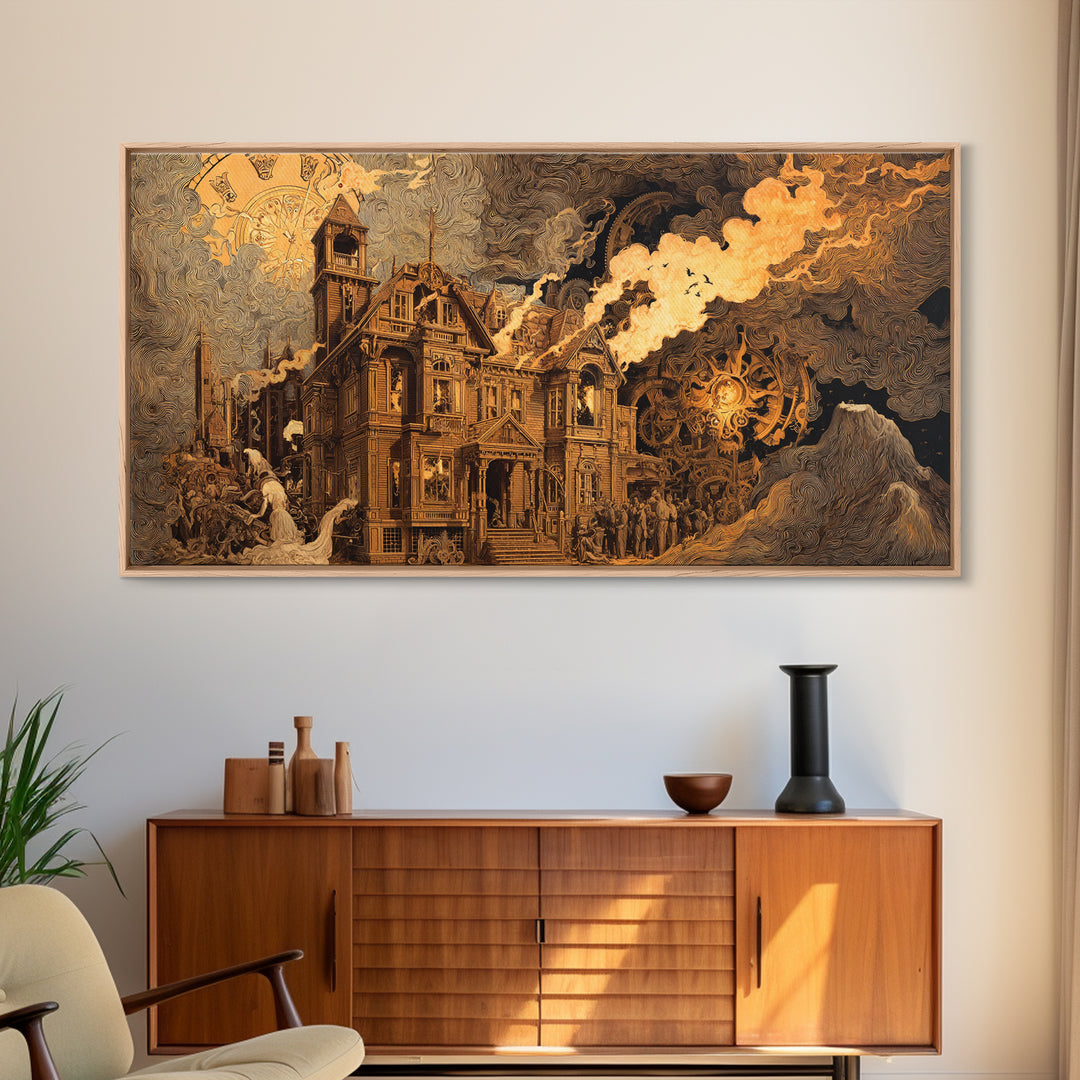 The Clockwork Haunted House, Apocalyptic Romantic Art, Wide Panoramic Art, Gothic Horror Wall Art, Canvas Print, Halloween Wall Art