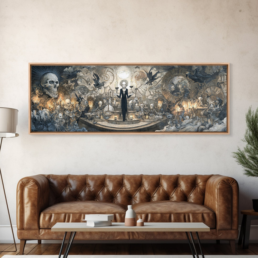 The Clockwork Haunted House, Expressionist Nightmare Art, Extra Wide Wall Art, Dark Halloween Decor, Framed Canvas Print, Halloween Wall Art