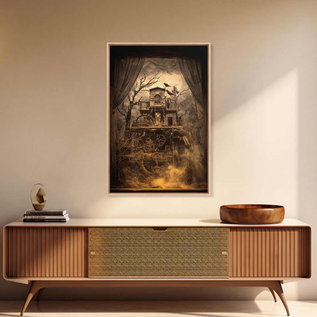 The Clockwork Haunted House, Expressionist Gothic Art, Vertical Wall Art, Dark Fantasy Wall Art, Framed Canvas Print, Halloween Wall Art