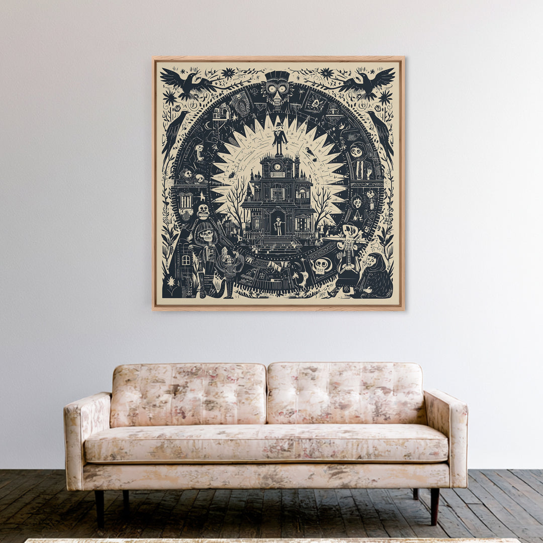 The Clockwork Haunted House, Macabre Folk Print Art, Square Wall Art, Macabre Wall Art, Framed Canvas Print, Halloween Wall Art