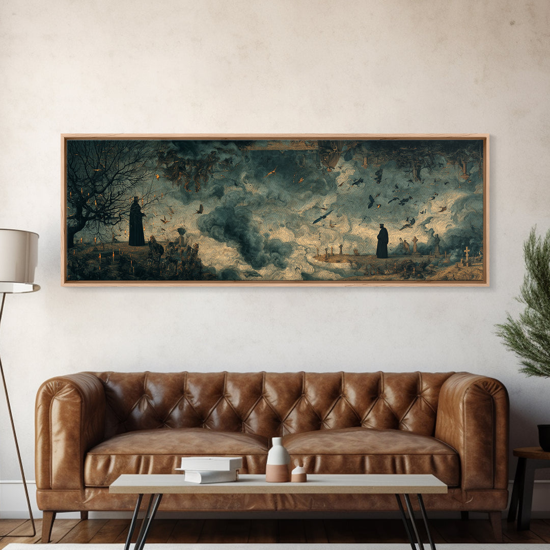 The Upside-Down Cemetery, Medieval Grotesque Art, Extra Wide Wall Art, Macabre Wall Art, Canvas Print, Halloween Wall Art