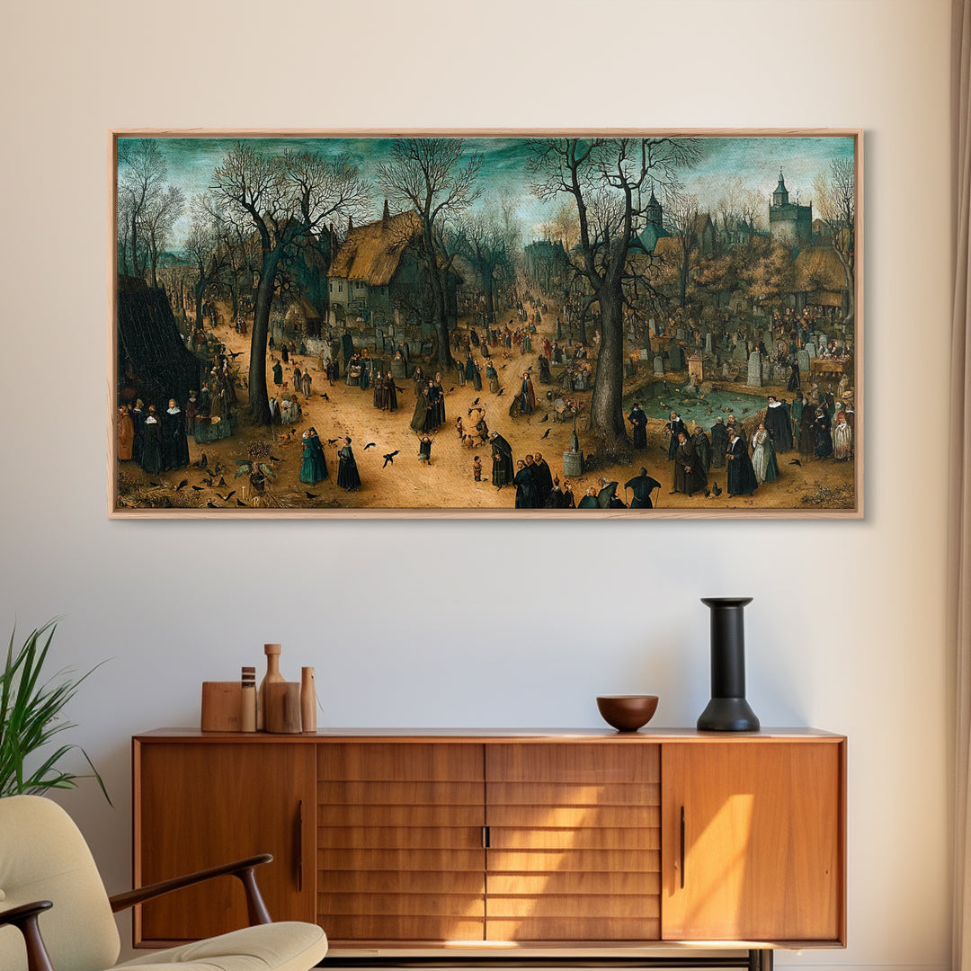 The Upside-Down Cemetery, Northern Renaissance Horror, Wide Panoramic Art, Macabre Wall Art, Canvas Print, Halloween Wall Art