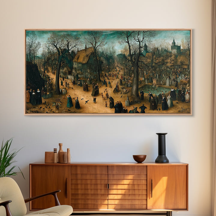 The Upside-Down Cemetery, Northern Renaissance Horror, Wide Panoramic Art, Macabre Wall Art, Canvas Print, Halloween Wall Art