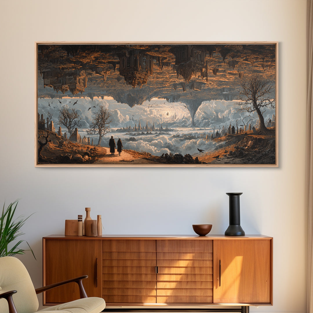 The Upside-Down Cemetery, Apocalyptic Romantic Art, Wide Panoramic Art, Macabre Wall Art, Framed Canvas Print, Halloween Wall Art