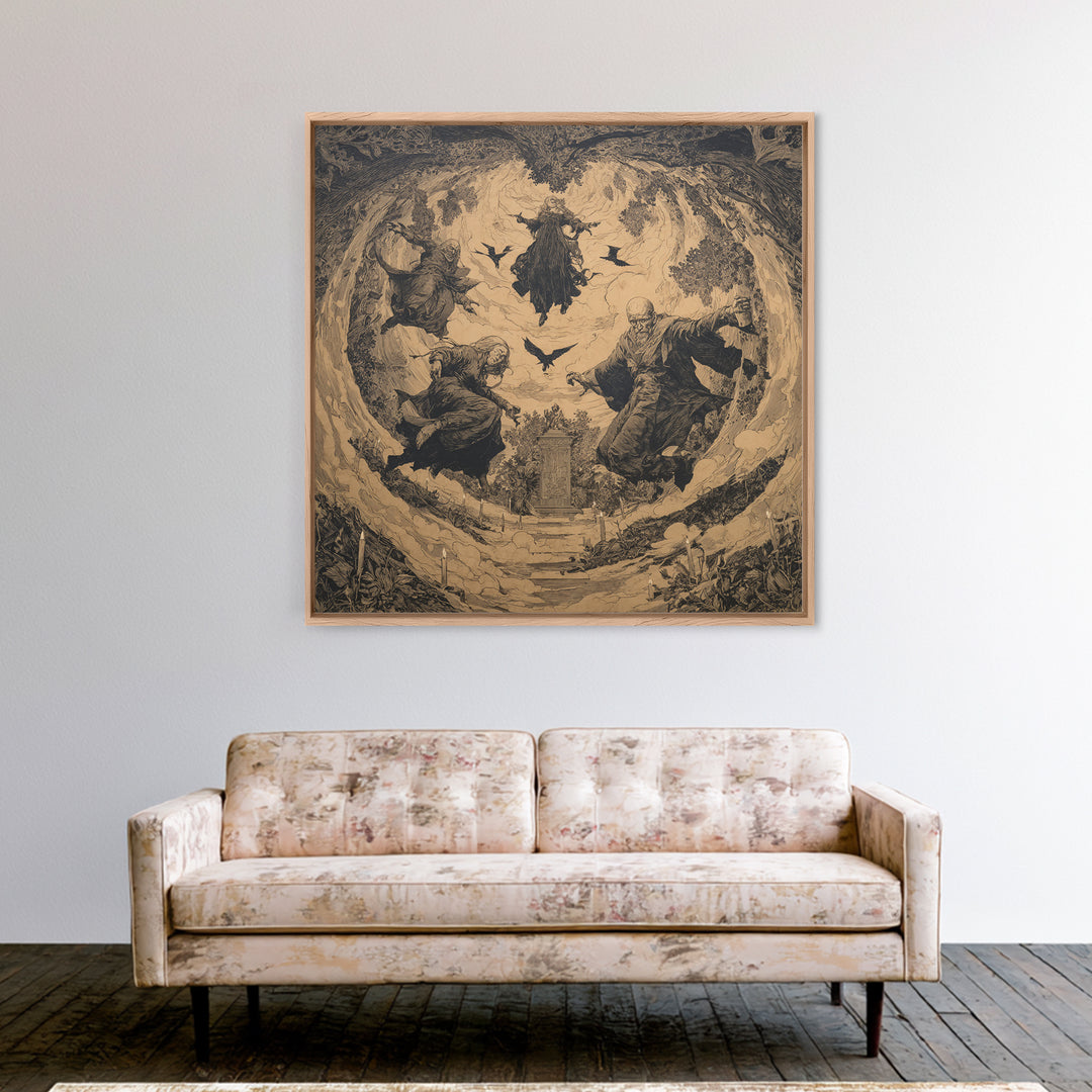 The Upside-Down Cemetery, Symbolist Etching Art, Square Wall Art, Gothic Horror Wall Art, Canvas Print, Halloween Wall Art